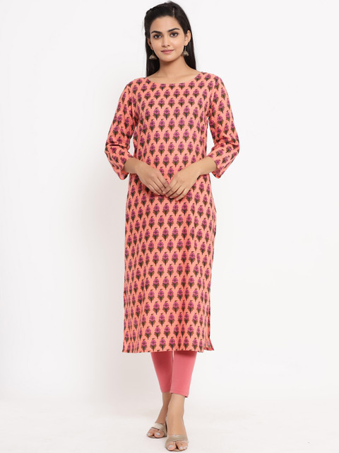 

BUYCLARA Women Peach-Coloured Printed Straight Kurta