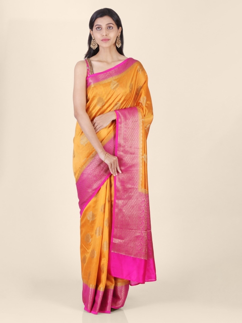 

Shruti and Mangaaysh Orange & Pink Silk Blend Woven Design Banarasi Saree