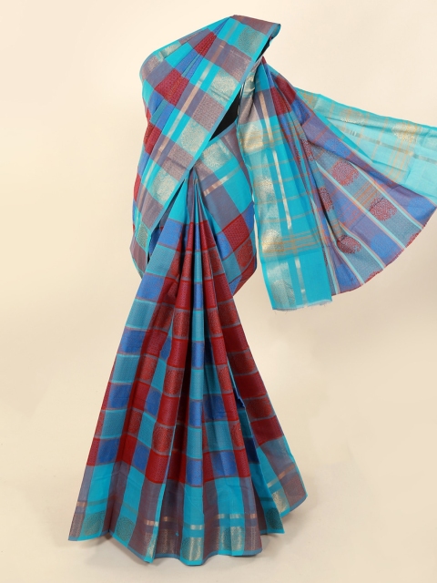 

Pothys Blue & Red Pure Cotton Checked Sustainable Saree