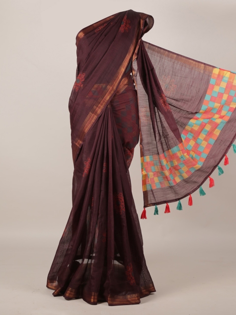 

Pothys Brown Printed Linen Blend Saree