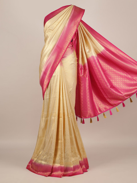 

Pothys Cream-Coloured & Pink Jute Silk Solid Saree
