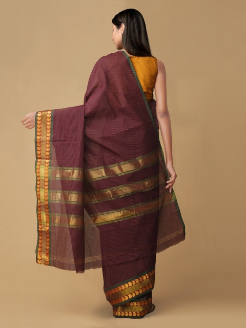 

Unnati Silks Burgundy Pure Cotton Striped Chettinad Saree