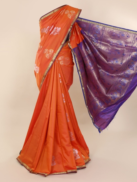 

Pothys Orange & Silver-Toned Art Silk Printed Saree