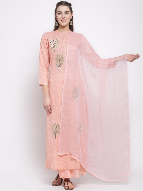 KHALOM Women Peach-Coloured Embroidered Kurta with Palazzos & Dupatta