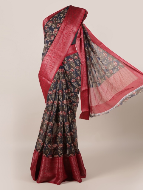 

Pothys Blue and Red Jute Silk Floral Print Saree