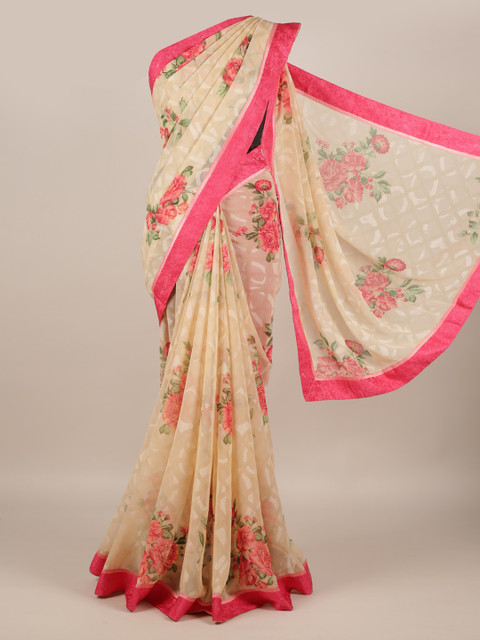 

Pothys Cream-Coloured & Pink Poly Georgette Printed Saree