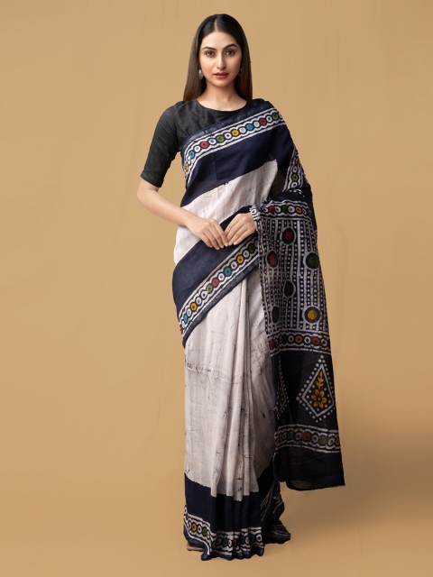 

Unnati Silks Black & Off-White Silk Cotton Printed Chanderi Saree