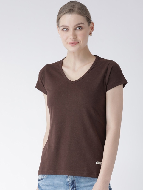 

GRIFFEL Women Coffee Brown Solid V-Neck T-shirt