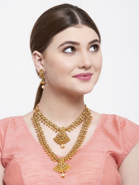

Shining Diva Gold-Plated & Brown Artificial Stone Studded Temple Jewellery Set