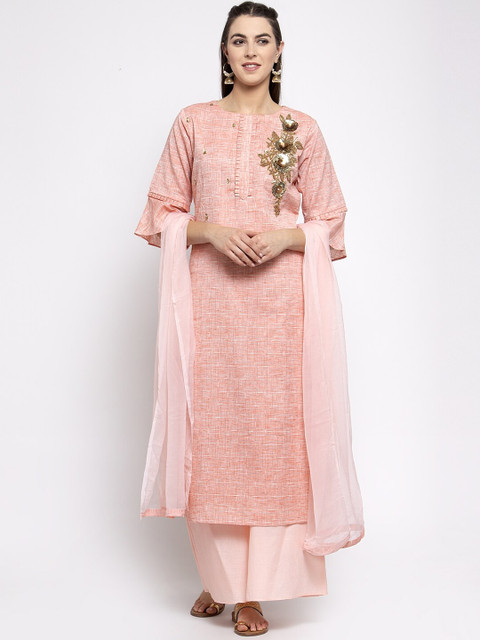 

KHALOM Women Pink Embroidered Kurta with Sharara & Dupatta