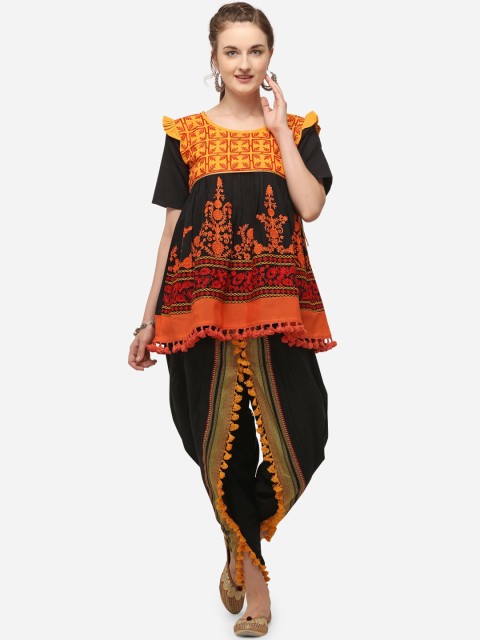 

Mesmora Women Black & Orange Organic Cotton Embellished Kedia with Dhoti Pants