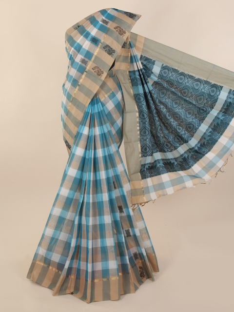

Pothys Blue & White Pure Cotton Checked Saree