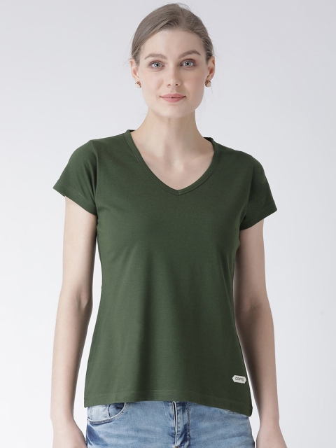 

GRIFFEL Women Green Solid V-Neck T-shirt