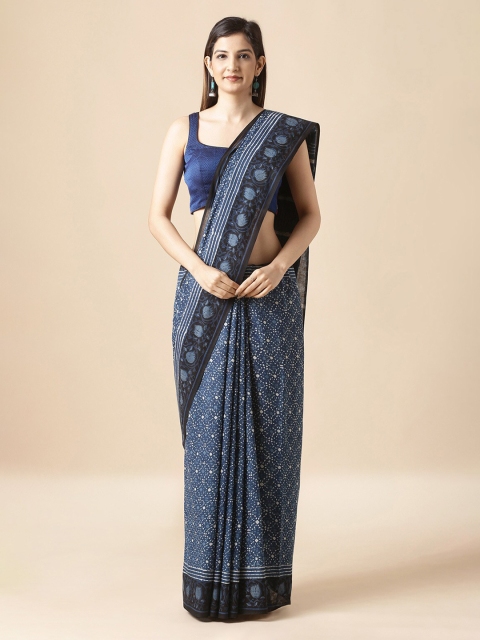 

Taneira Blue Pure Cotton Printed Dabu Saree