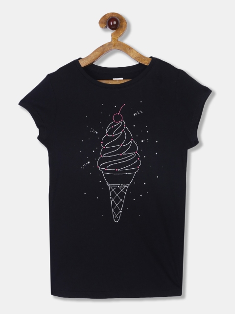 

GAP Girls Black Printed Round Neck Cotton T-shirt