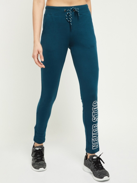 

max Women Teal Blue & White Solid Track Pants