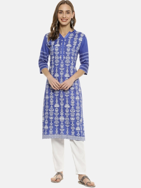 Instafab Women Blue & White Printed Kurta with Trousers