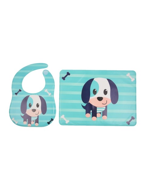 

Yellow Bee Unisex Kids Blue & White Dog Printed Feeding Bib With Mat