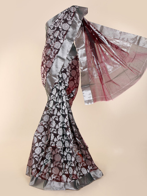

Pothys Maroon & Silver-Toned Silk Cotton Printed Saree