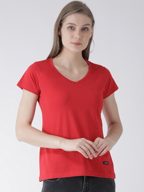 

GRIFFEL Women Red Solid V-Neck T-shirt