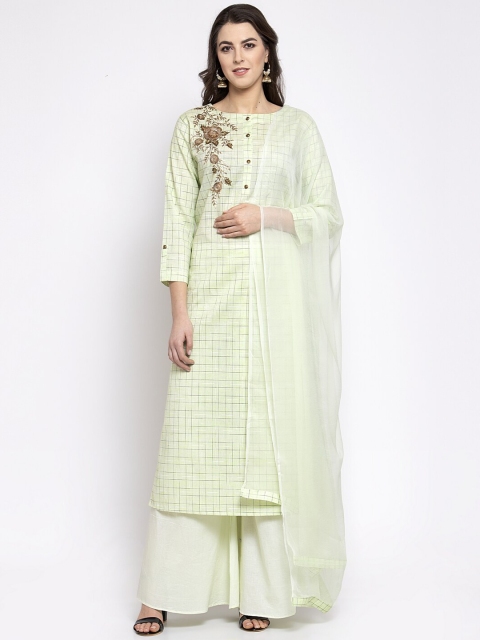 KHALOM Women Green & Off-White Printed Kurta with Palazzos & Dupatta