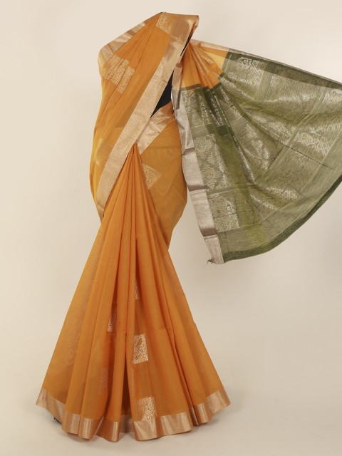 

Pothys Mustard Yellow & Gold-Toned Silk Cotton Woven Design Saree