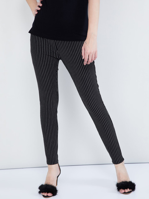 

max Women Black Regular Fit Striped Regular Trousers