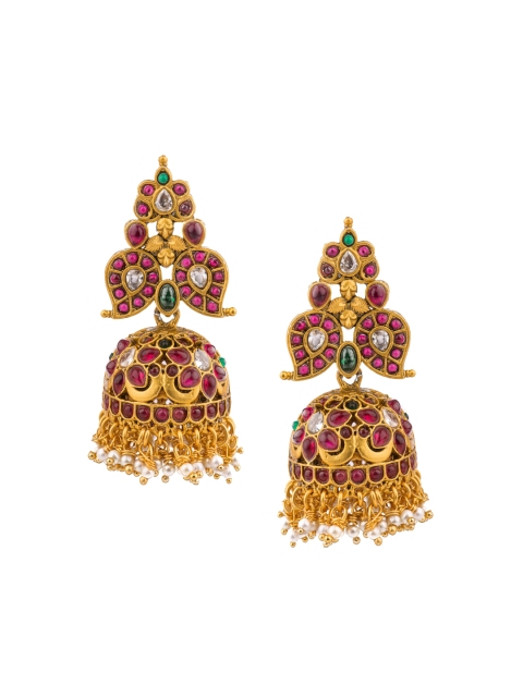 

Alankruthi Red & Green Gold-Plated Temple Dome Shaped Jhumkas
