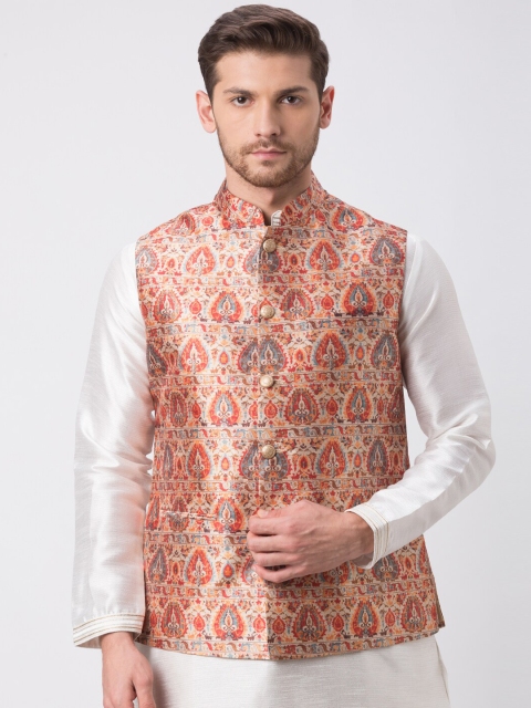 

Ethnicity Men Rust Red & Blue Printed Nehru Jacket