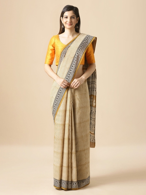 

Taneira Off-White & Beige Pure Cotton Striped Bagru Saree