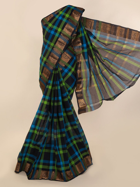 

Pothys Navy Blue & Green Pure Cotton Checked Saree