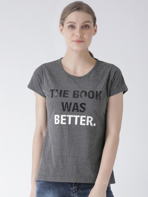 

GRIFFEL Women Charcoal Grey Printed Round Neck T-shirt