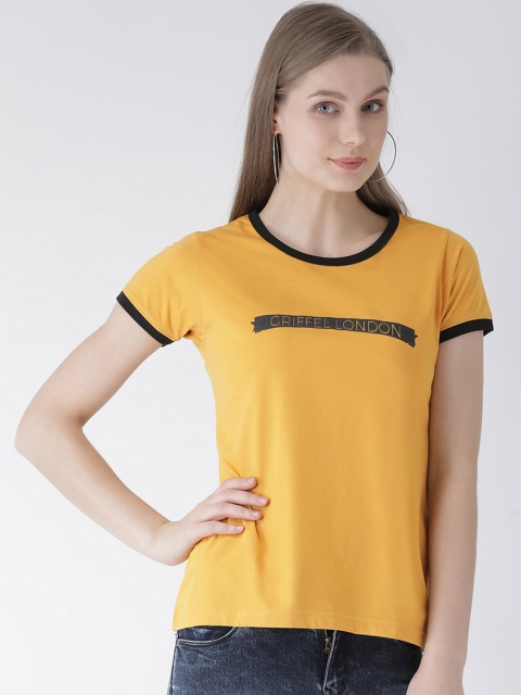 

GRIFFEL Women Mustard Yellow Solid Round Neck Cotton T-shirt