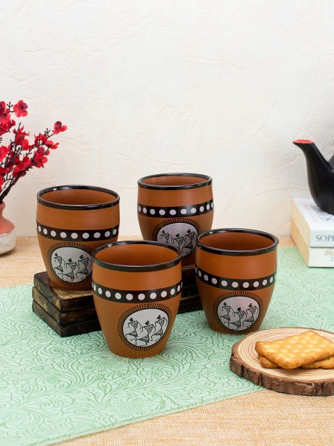

WISHTANK Brown & White 4 Pcs Printed Terracotta Kulladhs Set