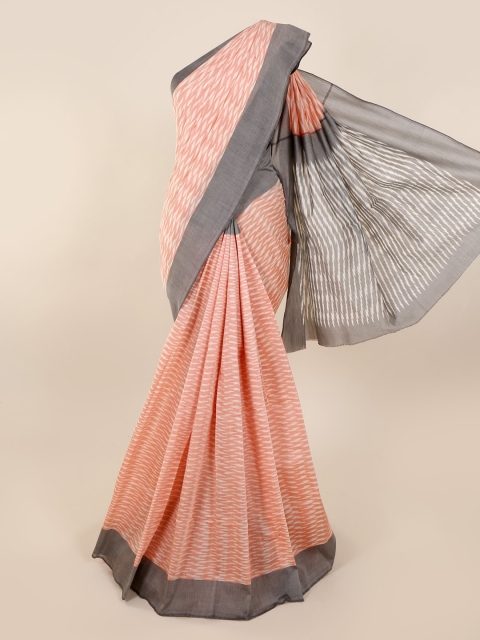 

Pothys Peach-Coloured & Grey Pure Cotton Colourblocked Saree