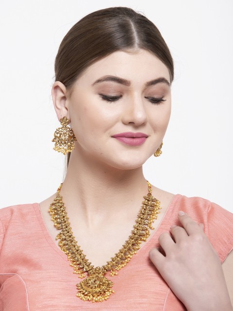 

Shining Diva Gold Plated Gold Toned Kundan Studded & Pearl Beaded Antique Jewellery Set