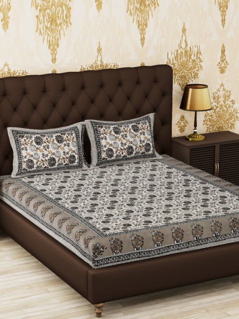 

METRO LIVING Grey & White Ethnic Motifs 120 TC Cotton 1 Queen Bedsheet with 2 Pillow Covers