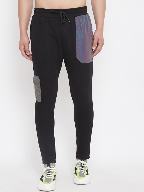 

FUGAZEE Men Black & Rainbow Reflective Patch Colourblocked Slim-Fit Joggers