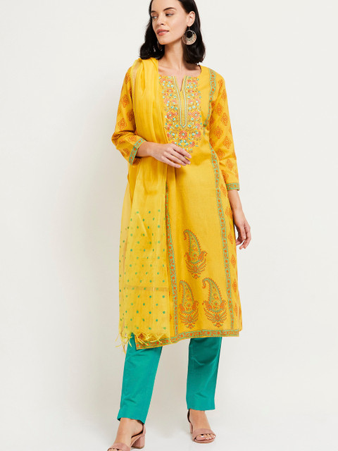 

max Women Yellow & Blue Printed Kurta with Trousers & Dupatta
