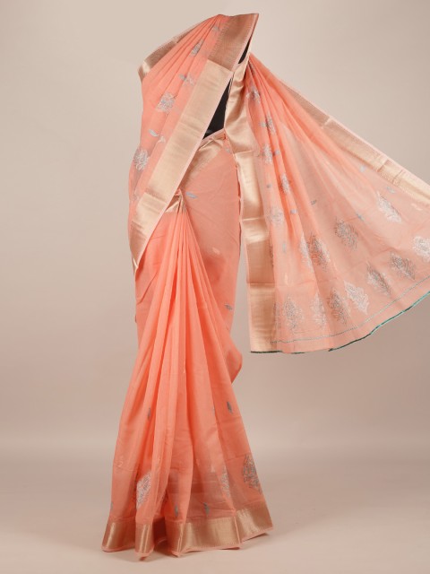 

Pothys Peach-Coloured Solid Cotton Blend Saree