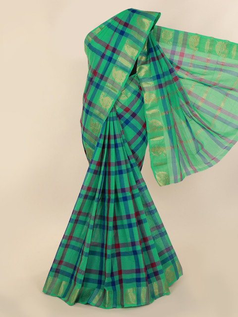 

Pothys Green & Blue Pure Cotton Checked Saree