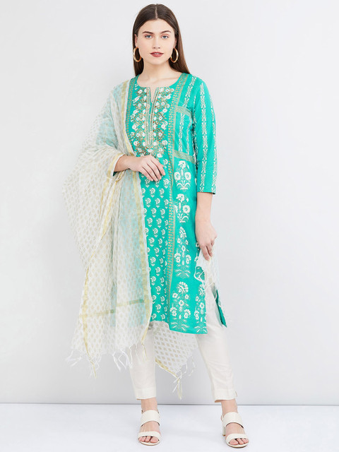 

max Women Green Printed Kurta with Trousers & Dupatta