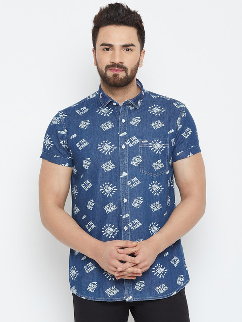 

American Archer Men Blue Slim Fit Printed Casual Denim Shirt