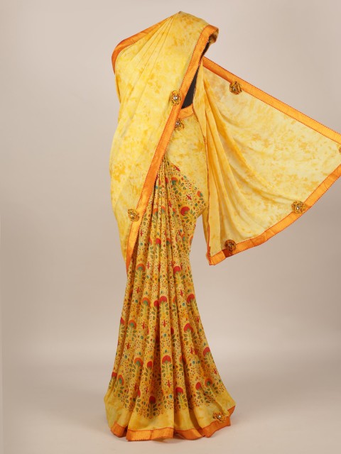 

Pothys Yellow Printed Poly Georgette Saree