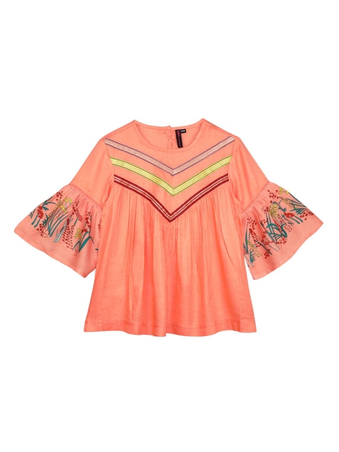

Ishin DESIGNER STUDIO Girls Peach-Coloured & Red Striped A-Line Top