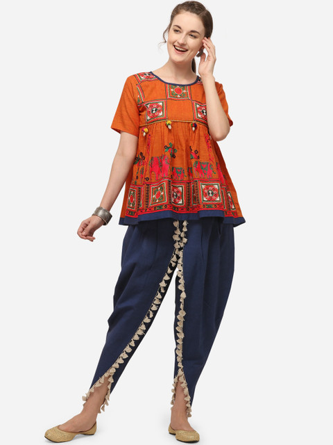 

Mesmora Women Orange & Navy Blue Embellished Organic Cotton Kedia with Dhoti Pants