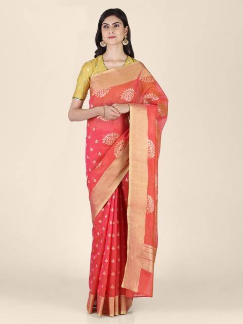 Shruti and Mangaaysh Pink & Gold-Toned Silk Blend Woven Design Banarasi Saree