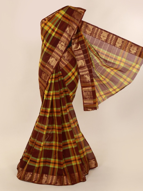 

Pothys Maroon & Lime Green Pure Cotton Checked Saree