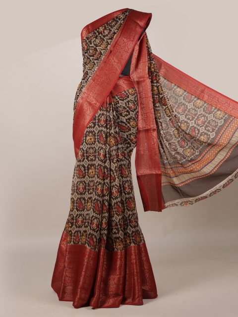 Pothys Brown Printed Jute Silk Saree