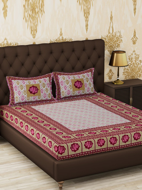 

METRO LIVING Pink & White Ethnic Motifs 120 TC Cotton 1 Queen Bedsheet with 2 Pillow Covers